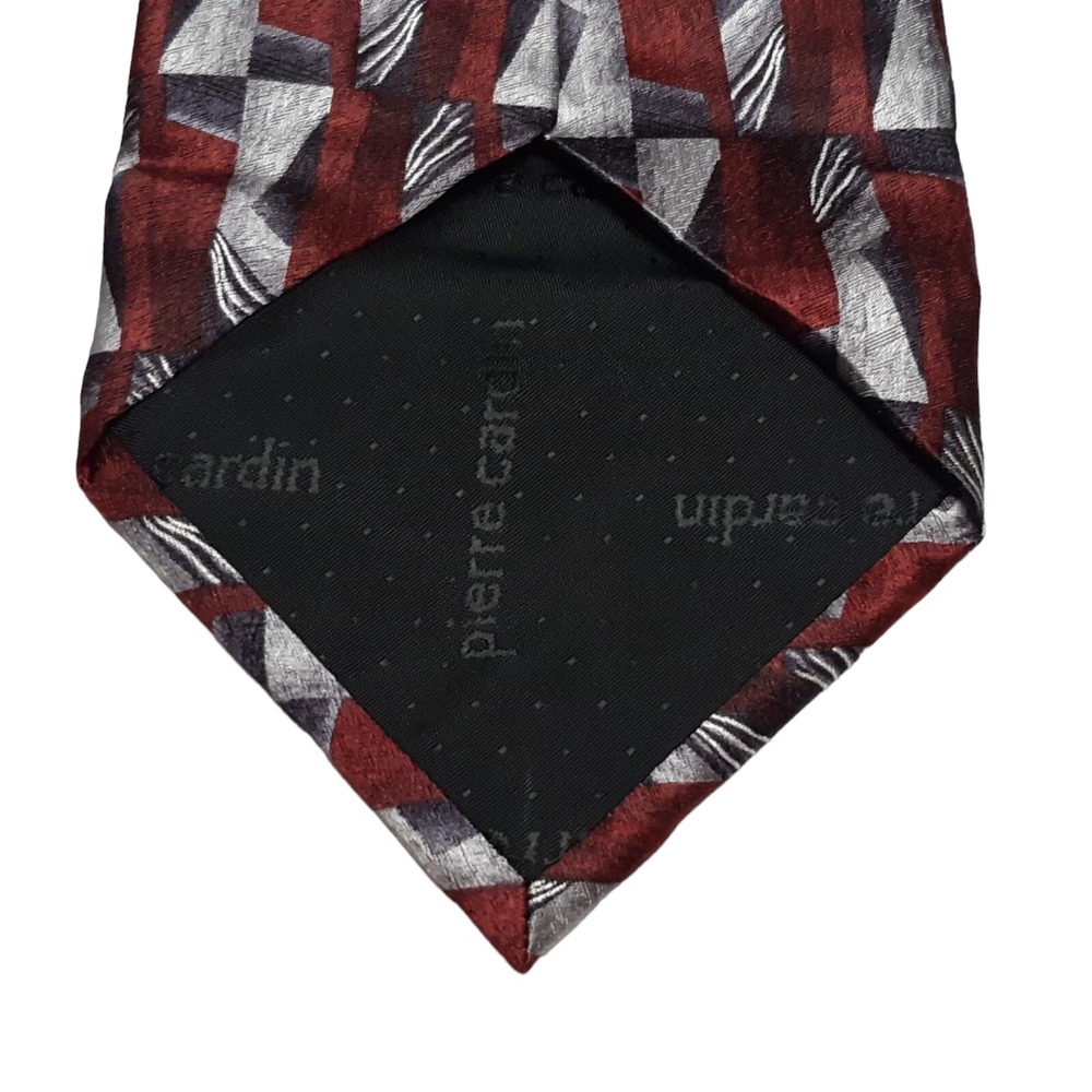 Pierre Cardin Necktie Mens OS Burgundy Grey Geometric Abstract Silk Vintage - Picture 7 of 13